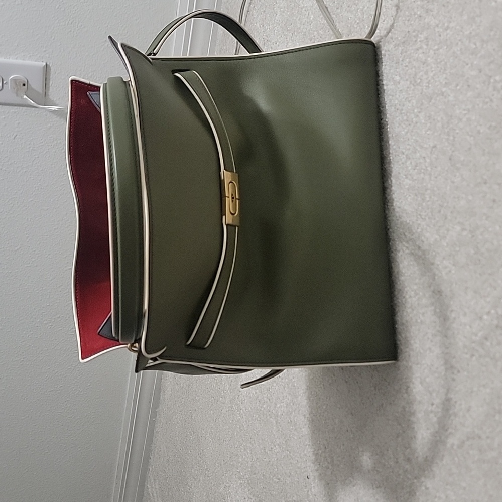 Lee Radziwill for Tory Burch Double Bag in olive green leather wi white piping.